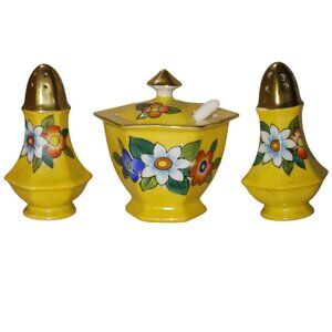 Noritake Japan Yellow Floral Salt Pepper Shaker Set Lidded Mustard Bowl Spoon